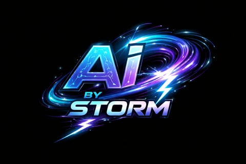 AI by Storm logo with glowing blue and purple neon letters and lightning effects on black background